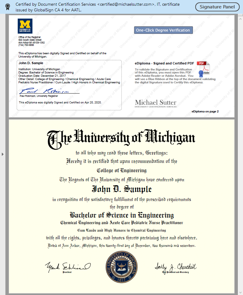 eDiploma Screen Shot in Adobe Reader